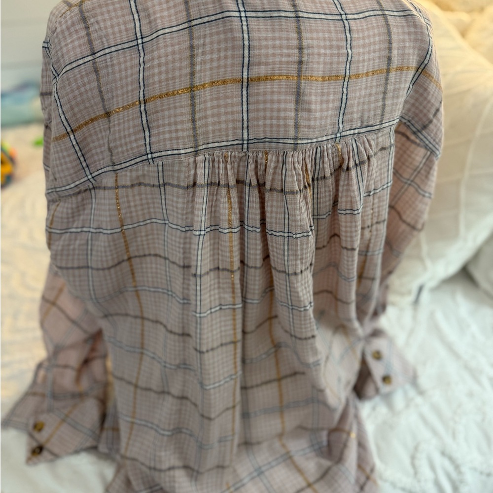 Free People Plaid Button Down Shirt - pink Cream and Gold - Picture 4 of 9